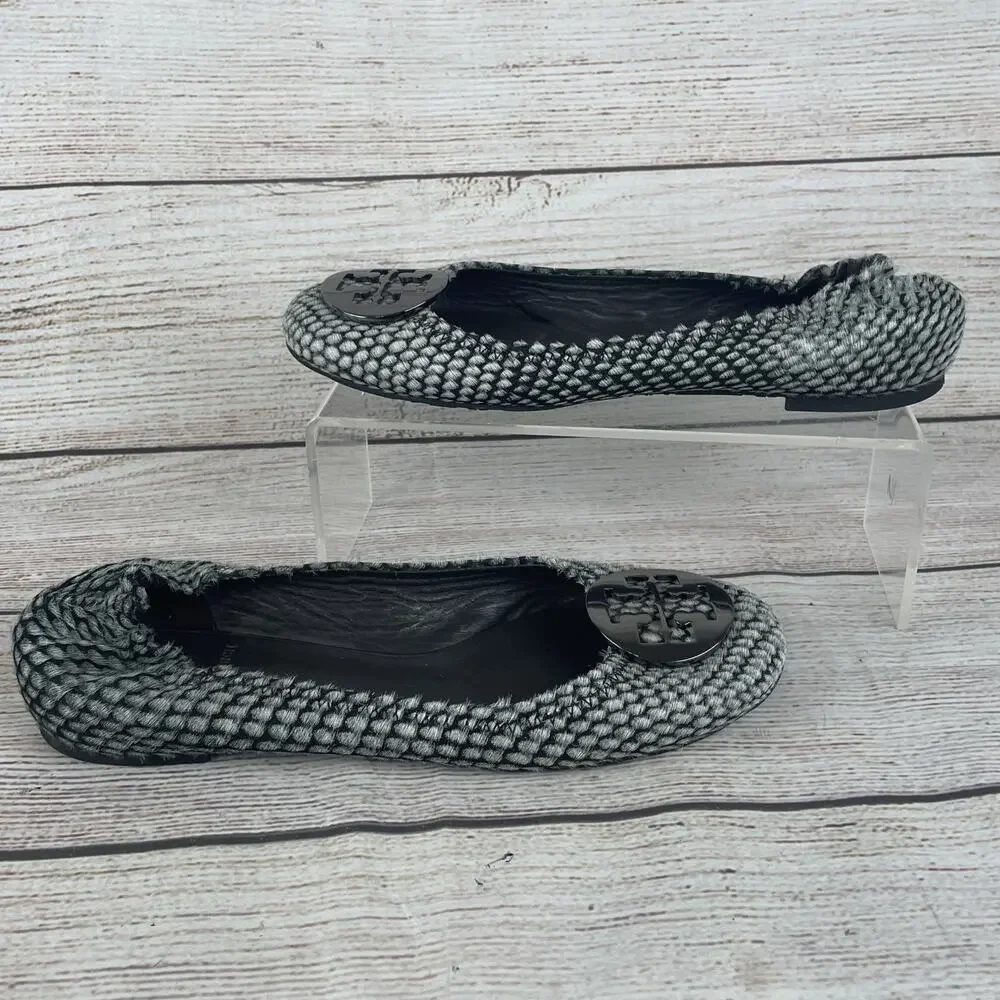 Tory Burch Reva Womens Sz 7M Ballet Flats Black Gray Calf Hair